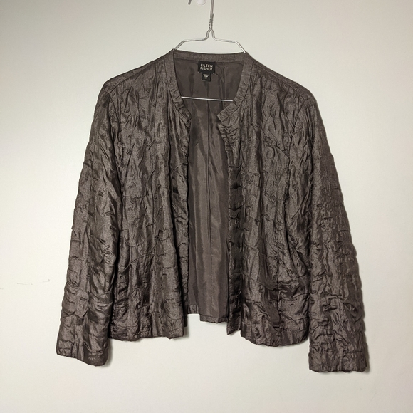 Eileen Fisher 100% Silk Taupe Silver Open Evening Jacket Medium 10/12 EUC - Picture 8 of 9